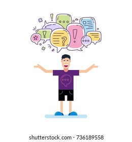 Vector illustration of man and colorful color dialog speech bubbles with icons and text let s talking on white background. Safety communication thin line design of mobile technology concept.