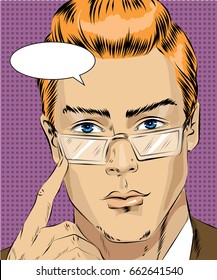 Vector illustration of man concentrating his attention on something in retro pop art comic style.