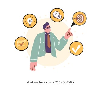 Vector illustration of a man considering change management for business improvement. Reflects the path to an innovative, more efficient company in flat design.