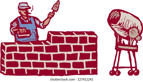 Vector illustration of man constructing brick wall