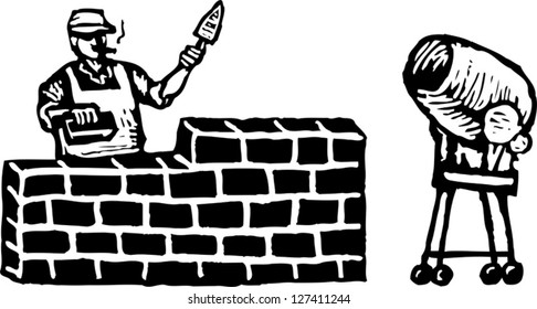 Vector illustration of man constructing brick wall