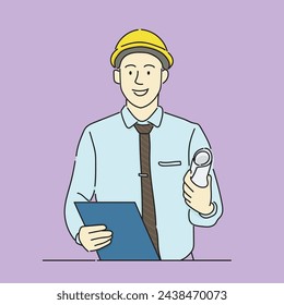 Vector illustration of a man in a construction helmet with a clipboard