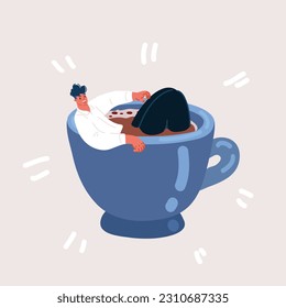 Vector illustration of man cookie relaxing in hot chocolate of coffee cup