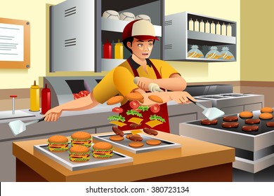 A vector illustration of man cooking burgers at a fast food restaurant kitchen