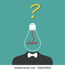 Vector illustration of a man in costume with bowtie and lamp instead of head thinking about business. Question mark on top of the head. Concept of thinking, solving problems, creating new ideas.