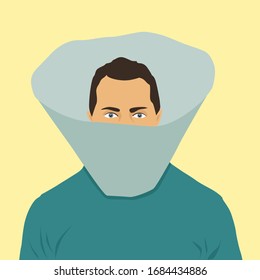 Vector illustration: Man covering his face with the help of pet supply. Don't touch your face during coronovirus pandemic Male portrait Standing male flat illustration Bright colors