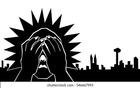 Vector illustration of a man covering his face against a city skyline for the concept: Urban stress.