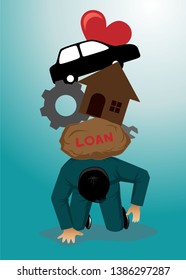 vector illustration of man crawling with many heavy load on his shoulder