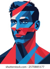 Vector illustration of a man created with simple geometric shapes in a minimalist style, emphasizing clean lines and modern aesthetics. Perfect for contemporary designs, branding, logos