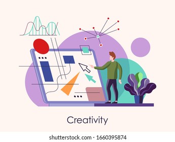 Vector illustration. The man creates a visual environment, site design, UI UX design, page structure. Visual creativity