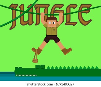 vector illustration of man and crocodile. In tropical jungle