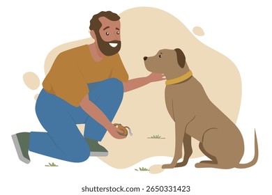 Vector illustration of a man crouching and offering a treat to a sitting dog. The man smiles warmly, highlighting trust and friendship with the dog. Simple background enhances focus.