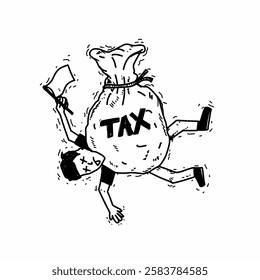 Vector illustration of a man crushed by a large sack labeled with taxes, symbolizing financial burden. Black and white sketch with a satirical theme