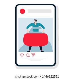 Vector illustration with man, curling stone. Playing sports mobile application. Workout for wellness and activity. Healthy lifestyle. Design for app, websites, print, presentation.