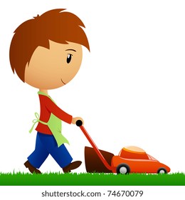 Vector illustration. Man cutting the grass with lawn mower