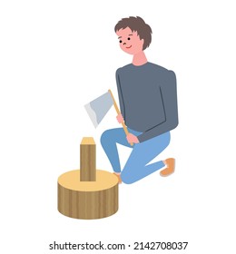 Vector illustration of man cutting wood for barbecue.
