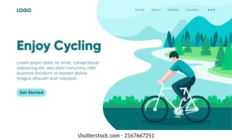 Vector illustration - man cycling. Park, forest, trees and hills in the background. Banner, site, landing page, poster template with place for your text.