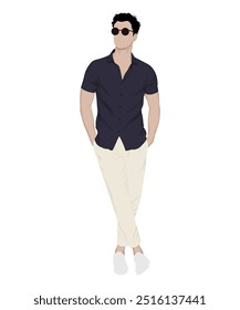 Ilustración vectorial de un hombre con una camisa azul oscuro y pantalones claros. Elegante look de verano