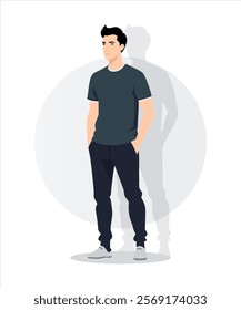 Vector illustration. A man in a dark blue t-shirt and black pants, on a cold light background.