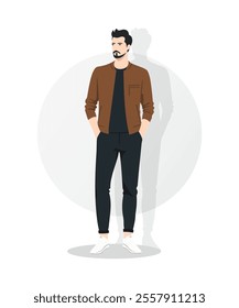 Vector illustration. A man in a dark brown jacket and dark pants. An elegant and stylish look that is perfect for formal events.