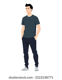 Vector illustration of a man in a dark gray t-shirt and blue jeans