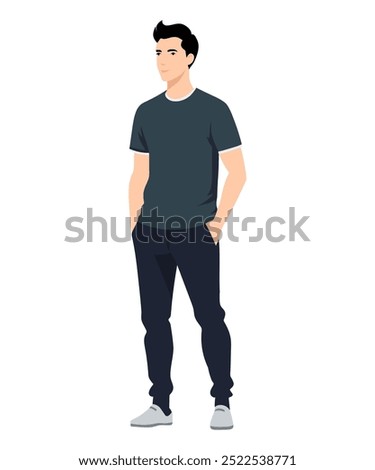 Vector illustration of a man in a dark gray t-shirt and blue jeans