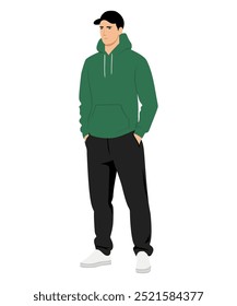 Ilustración vectorial de un hombre con un suéter verde oscuro y pantalones marrones, enfatizando los tonos naturales y un estilo cómodo para caminar.