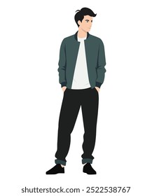 Ilustración vectorial de un hombre en una chaqueta verde oscuro y pantalones oscuros