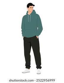 Ilustración vectorial de un hombre con un suéter verde oscuro y pantalones marrones, enfatizando los tonos naturales y un estilo cómodo para caminar.