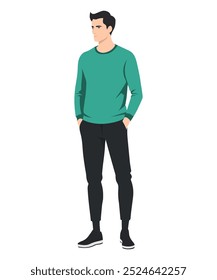 Ilustración vectorial de un hombre con un suéter verde oscuro y pantalones marrones, enfatizando los tonos naturales y un estilo cómodo para caminar.