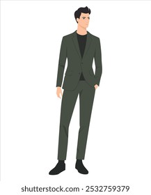 Vector illustration of a man in a dark green suit with a black shirt underneath. Formal and elegant style