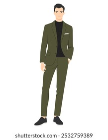 Vector illustration of a man in a dark green suit with a black shirt underneath. Formal and elegant style