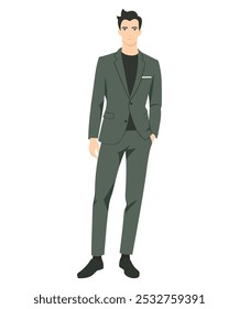 Vector illustration of a man in a dark green suit with a black shirt underneath. Formal and elegant style