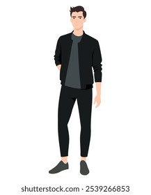 Vektorgrafik. Ein Mann in einem dunkelgrünen T-Shirt und einem schwarzen Trainingsanzug. Eine stilvolle und praktische Wahl für aktive Freizeit.