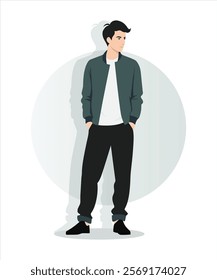 Vector illustration. A man in a dark green jacket, a snow-white t-shirt and black pants, on a light background.