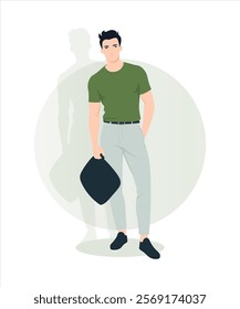 Vector illustration. A man in a dark green t-shirt, light pants and a bag in his hand, on a neutral pastel background.