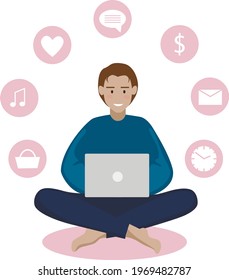 vector illustration of a man with dark hair working online