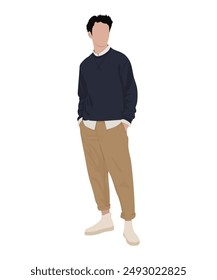 Vector illustration. A man in a dark sweater and light pants, complemented by white sneakers.