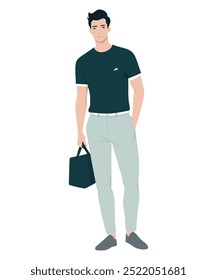 Vector illustration of a man in a dark t-shirt and light pants with a bag