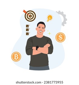 Vector illustration of a man with a dartboard, target and money.