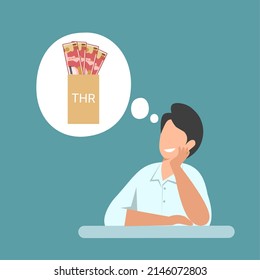 Vector illustration, a man daydreaming about getting THR, THR is worker allowance money in Indonesia, which is given before Eid al-Fitr.