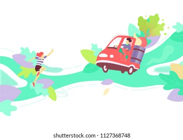 Vector illustration of a man delivering fresh local vegetables on electric scooter. Dynamic flat colorful illustration. Background or border design.