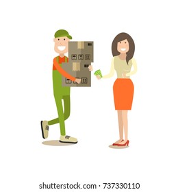 Vector illustration of man delivering goods in cardboard boxes to buyer female. Home delivery services. People shopping flat style design element, icon isolated on white background.