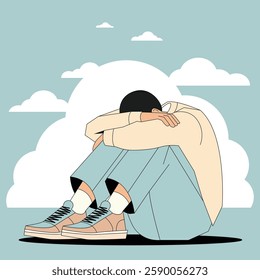 Vector illustration A man depression is sitting on the ground with his head down