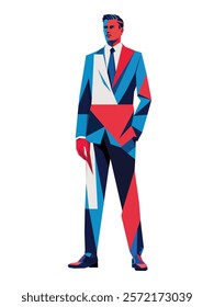 Vector illustration of a man designed with simple geometric shapes—triangles and squares. Ideal for modern designs, creative projects, and artistic concepts.