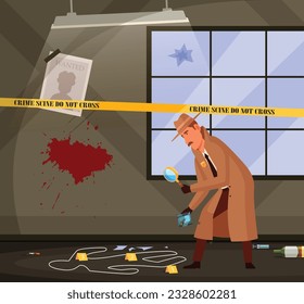 Vector illustration of man detective with a coat and hat using a magnifying glass while investigating