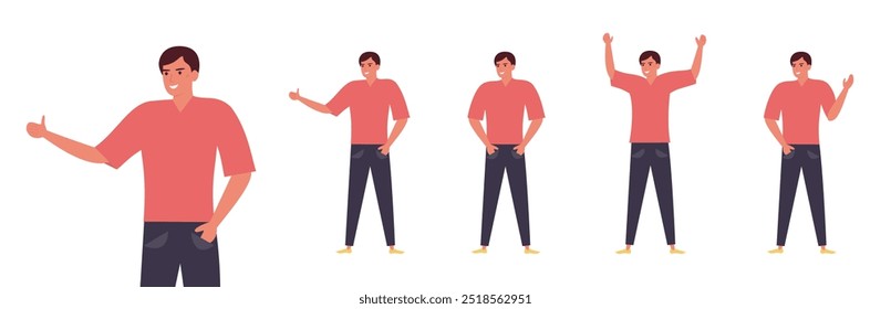 Vector illustration of a man in different poses, gesturing with hands, showing emotions like excitement, approval, and explanation.