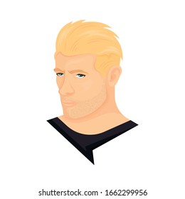 Vector illustration of a man with the disconnected quiff and stubble beard on a white background. The person with stylish haircut and beard. Template for barbershops, salons. Avatar in style realism.