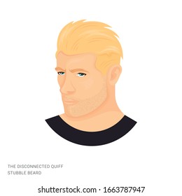 Vector illustration of a man with the disconnected quiff and stubble beard on a white background. The person with stylish haircut and beard. Template for barbershops, salons. Avatar in style realism.