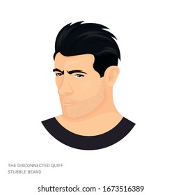 Vector illustration of a man with the disconnected quiff and stubble beard on a white background. The person with stylish haircut and beard. Template for barbershops, salons. Avatar in style realism.